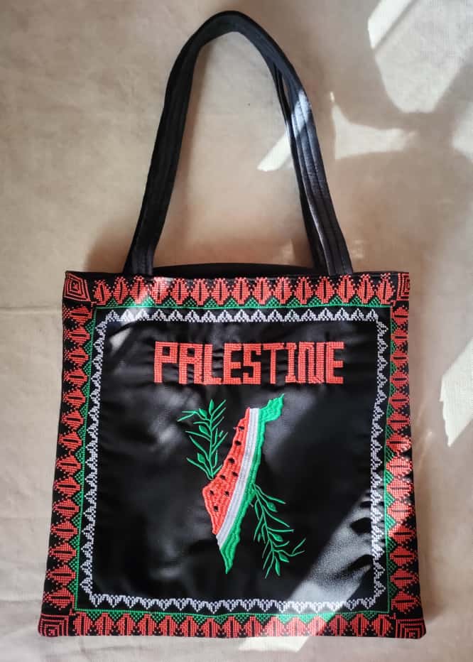 Palestine suede bag with watermelon and "Palestine" lettering