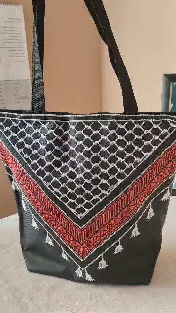 Bag with keffiyeh and tatreez embroidery