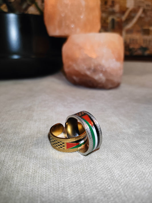 Anello Unisex in Acciaio Inossidabile – Motivo Kefiah e Bandiera Palestinese