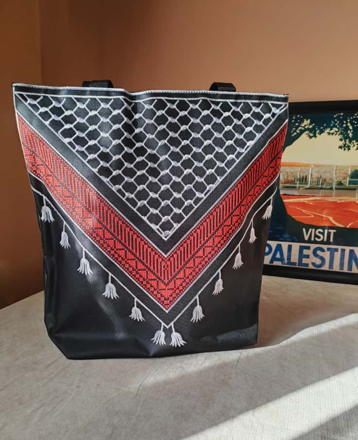 Bag with keffiyeh and tatreez embroidery