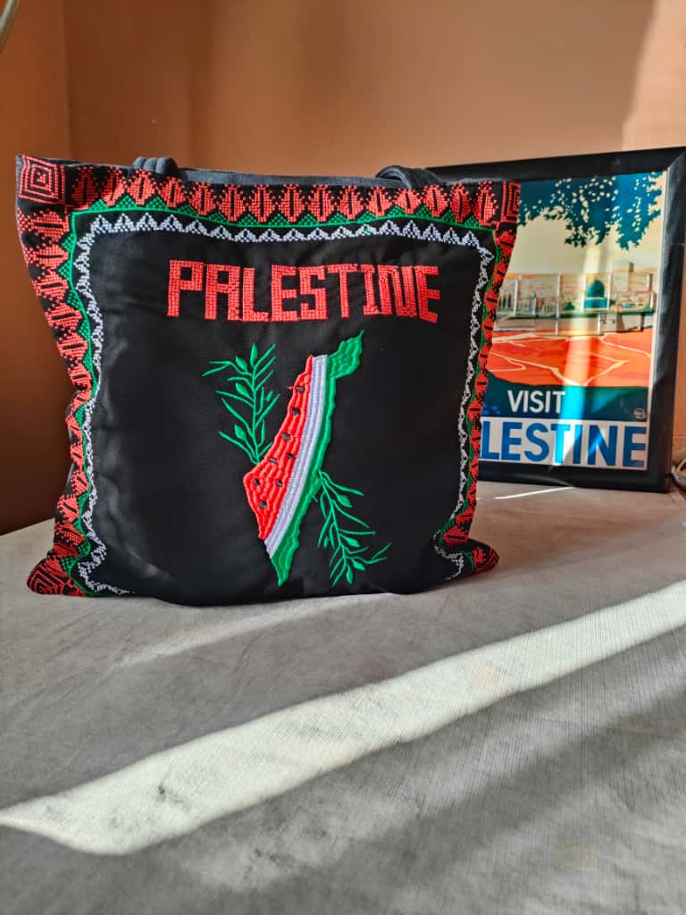 Palestine suede bag with watermelon and "Palestine" lettering