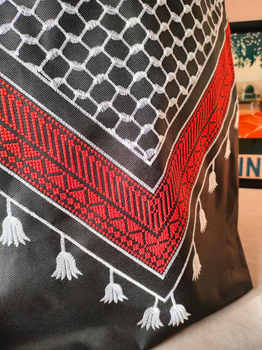 Bag with keffiyeh and tatreez embroidery